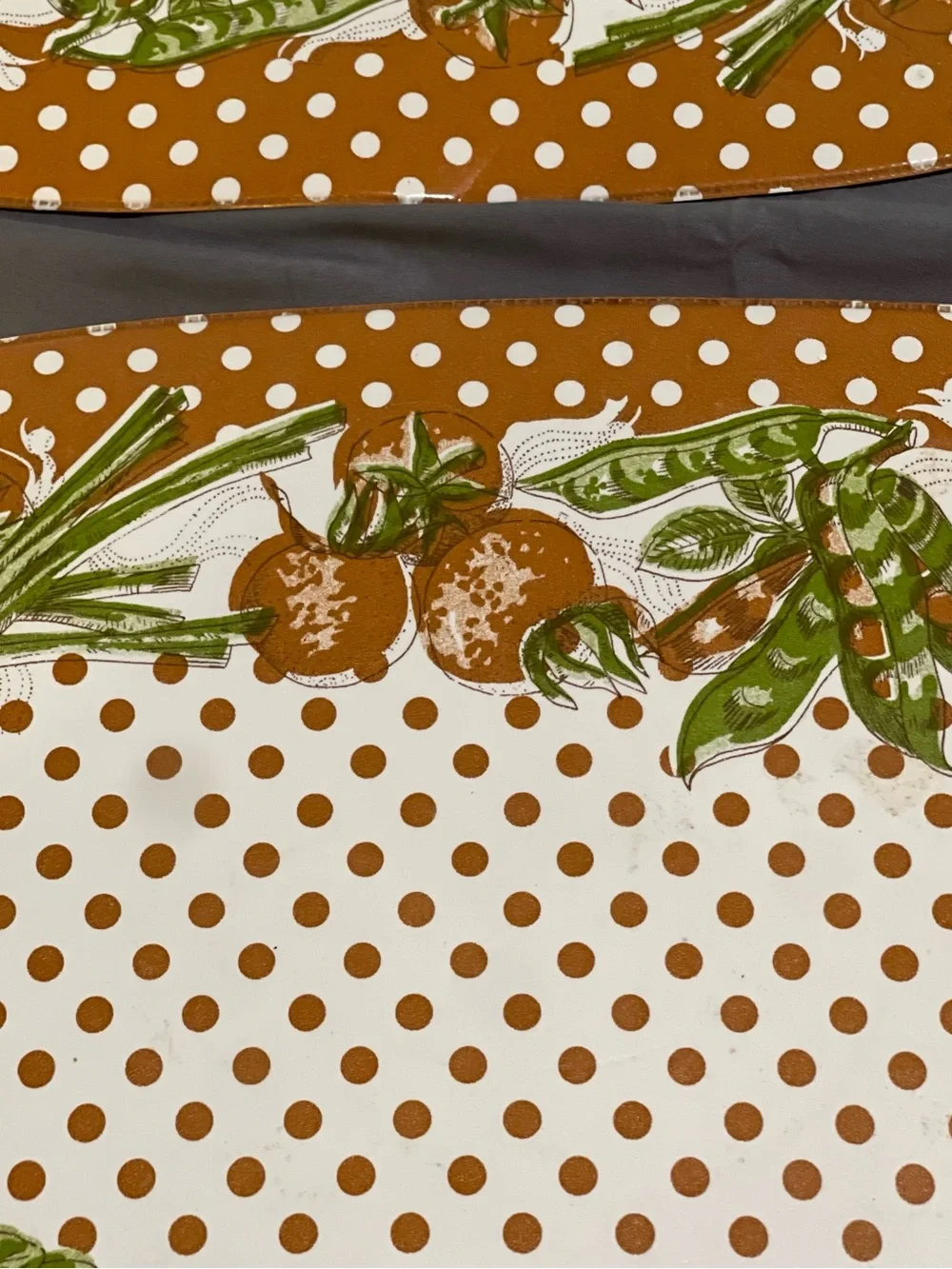 1970s Style Oval Plastic Placemats Brown Polka Dot Vegetable Corn Pattern